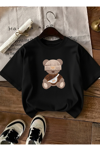 caddekombin Women's Oversize the Best Bear Printed Black T-Shirt