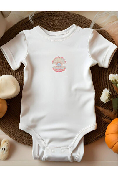 bebek perisi Organic 100% Cotton White Pearl Pink Oyster Design Baby Bodysuit