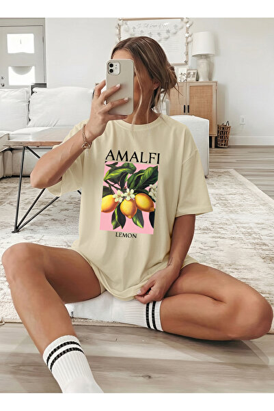 caddekombin Women's Oversize Amalfi Lemon Printed Beige T-Shirt