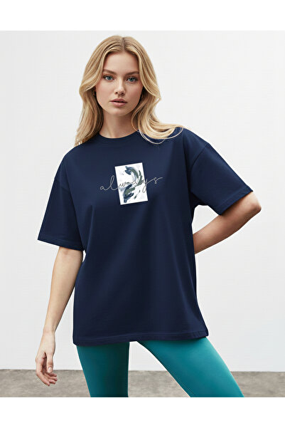 caddekombin Women's Oversize Alvays Printed Navy Blue T-Shirt