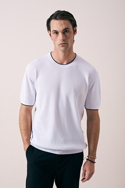 İLKCET MODA Crew Neck White Ribbed Men's Knitwear T-Shirt