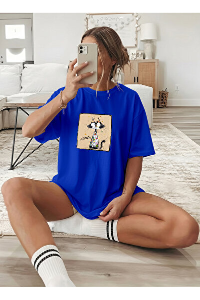 caddekombin Tricou de damă oversize, cu imprimeu Cute Cat Summer, albastru Saks