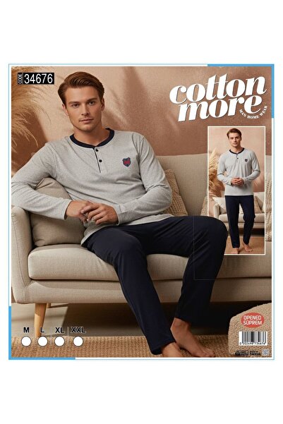 Cotton More Opened Single Jersey Men's Pajamas Long Sleeve Buttoned