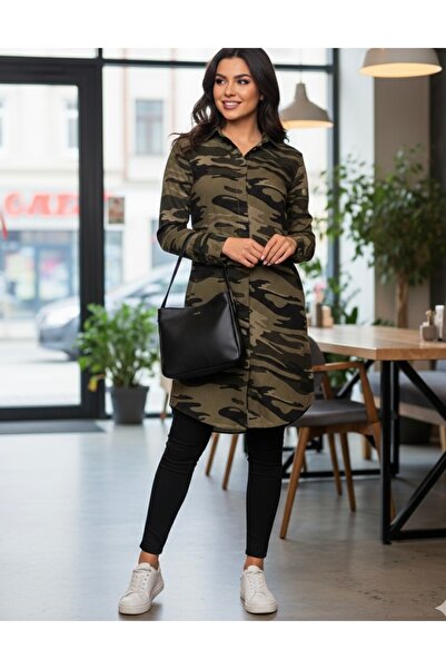 Polologin Butik Women's Khaki Camouflage Patterned Long Tunic