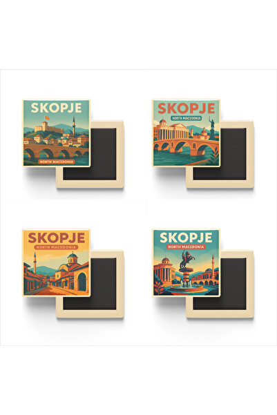 iBerk Mıknatıslı Buzdolap Magneti - Üsküp Kuzey Makedonya - 4 adet - 9x9 cm -