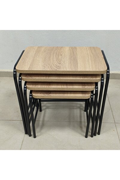 Emintarz Nova Metal Ayaklı Zigon Sehpa Seti – 4’lü Ahşap Görünümlü