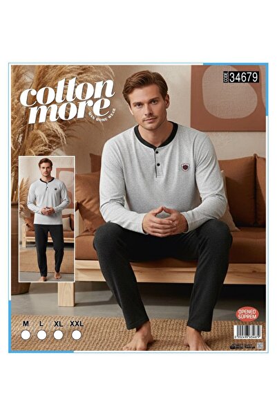 Cotton More Opened Single Jersey Men's Pajamas Long Sleeve Buttoned