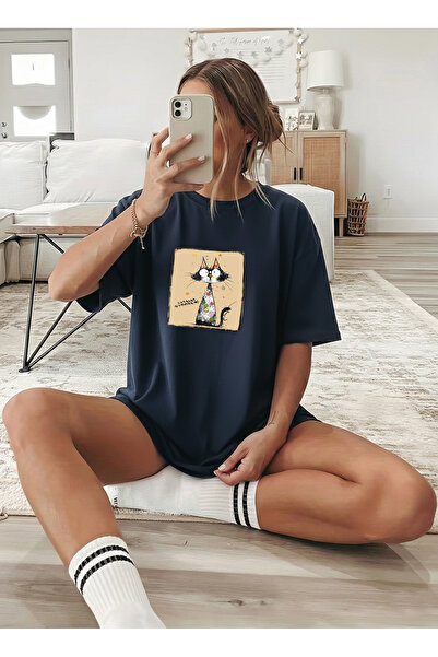 caddekombin Women's Oversize Cute Cat Summer Printed Navy Blue T-Shirt