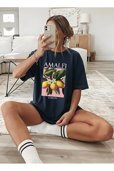 caddekombin Women's Oversize Amalfi Lemon Printed Navy Blue T-Shirt
