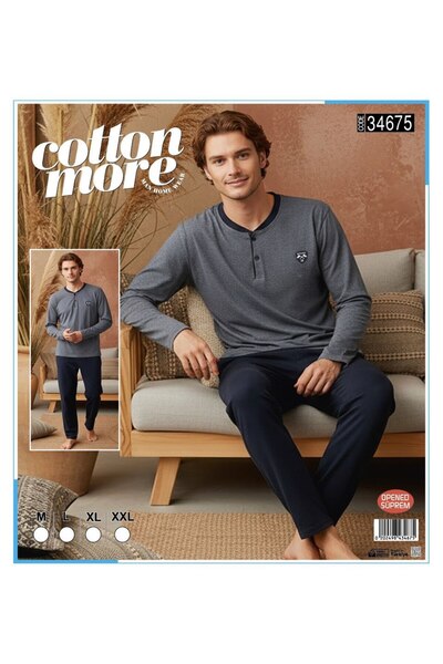 Cotton More Opened Single Jersey Men's Pajamas Long Sleeve Buttoned