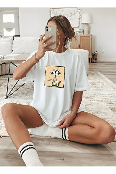 caddekombin Women's Oversize Cute Cat Summer Printed White T-Shirt
