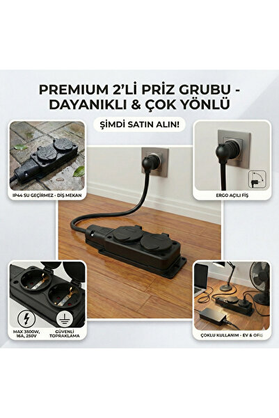 Gündüz Elektromarket 3x2,5 mm Kalın Kablolu 1,5 Metre İkili Uzatma Kablosu – ...