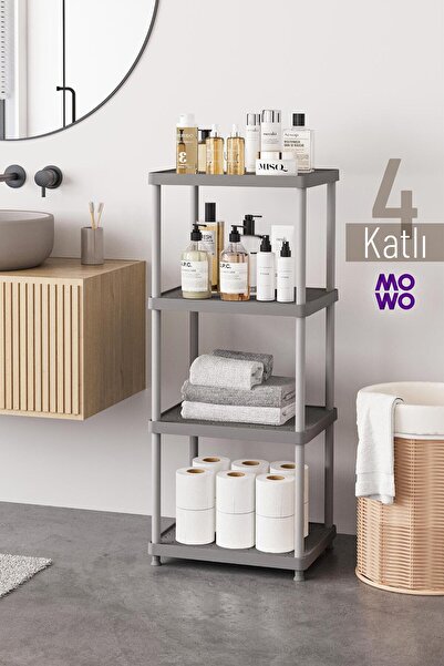 Mowo Home 4 Katlı Gri 40x33 Plastik Banyo Raf Sistemi, Mutfak Rafı, Kiler, Ki...