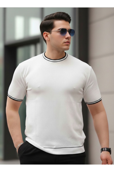 Alex Rosen White Striped Crew Neck Knitwear T-Shirt