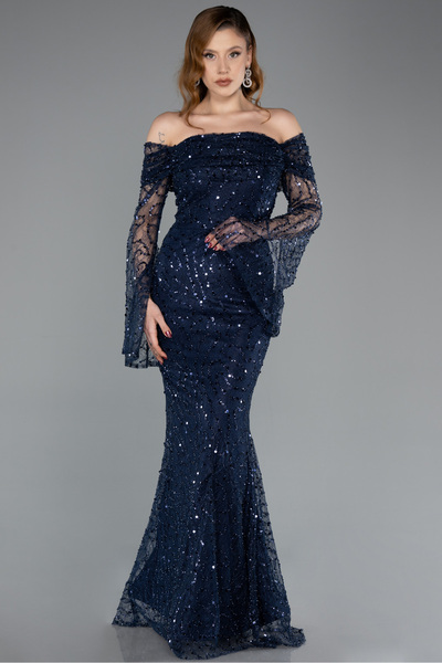 Abiyefon Lacivert Uzun Kol Kayık Yaka Pullu Balık Abiye Elbise ABU5623