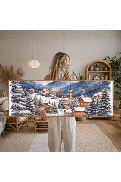 woodhomeworks Tek Parça Gerçek Ahşap Yatay Panorama Çerçeveli Tablo karlı dağlar