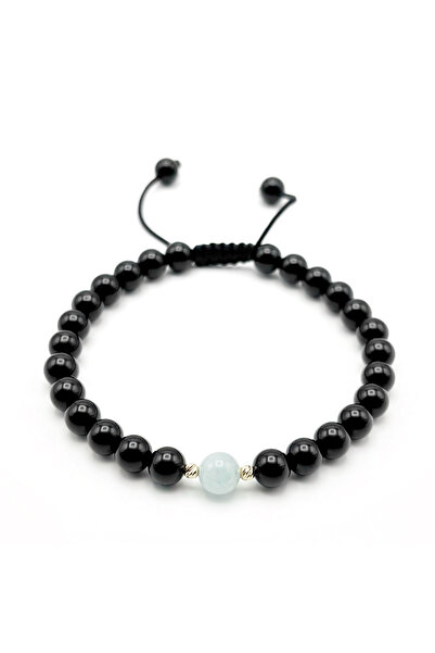 BIJUTERIA NEAGRA Brățară cu bile de aur de 14K și pietre de onix și acvamarin