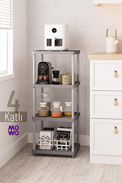 Mowo Home 4 Katlı Gri 40x33 Plastik Mutfak Raf Sistemi, Banyo Rafı, Kiler, Ki...