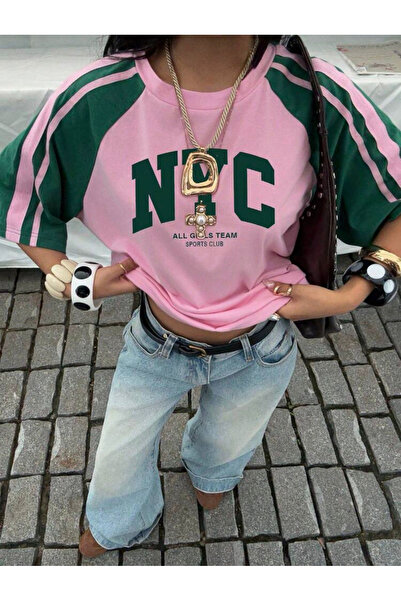 Gofeel Tricou oversize cu mâneci raglan, roz-verde, Nyc