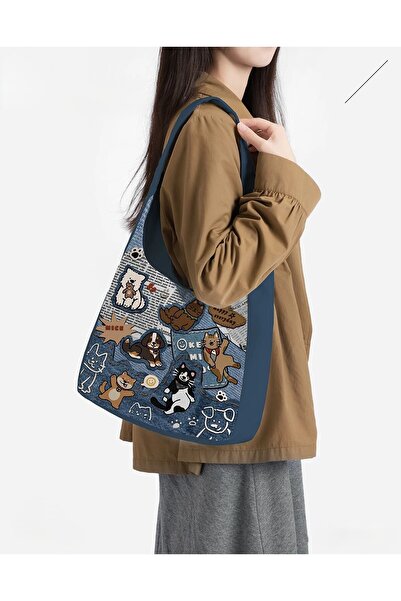 street&bagdnz Cat and Dog Patterned Blue Functional Design Shoulder Bag for D...
