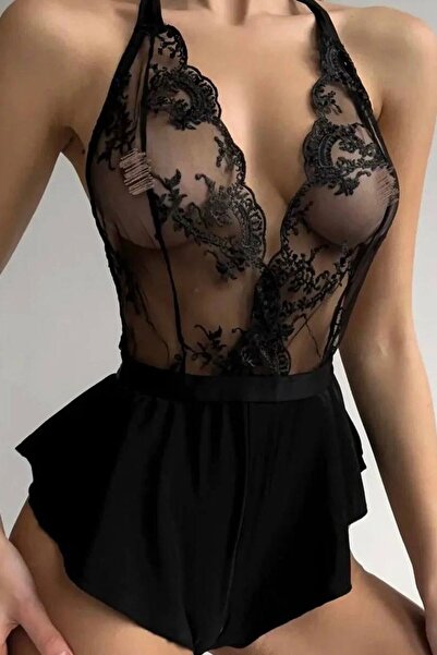 Kadın Siyah İthal Fransız Dantel Detaylı Babydoll