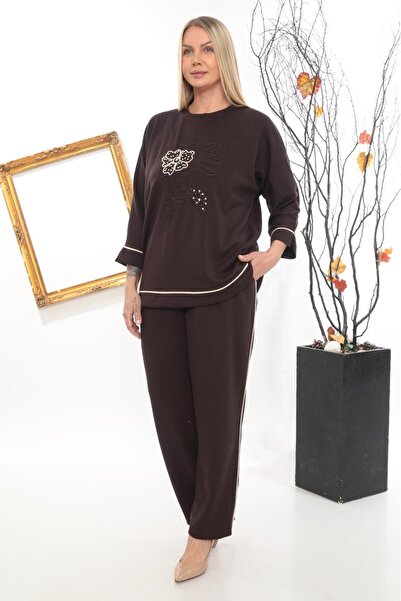zitex Embroidery and Sequin Detail Modal Fabric Plus Size Tracksuit Set