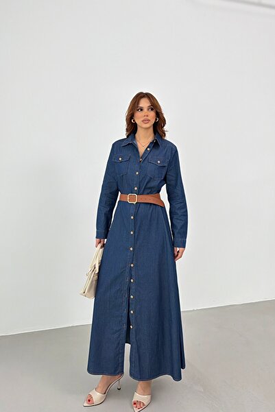 BEJNA Women's Belted Maxi Denim Shirt Dress