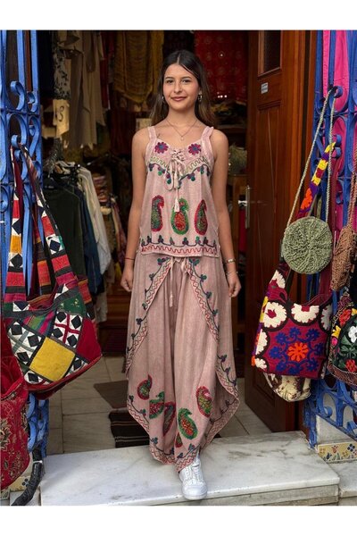 Miss Boheme Pink Color Embroidered Pants and Blouse Set