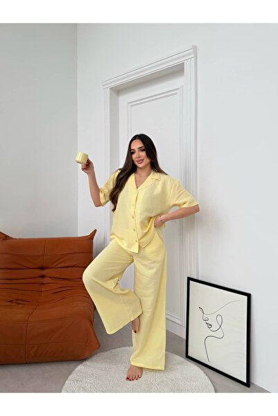 FREEWİSE 100% Pure Cotton Short Sleeve Muslin Fabric Women's Pajama Set