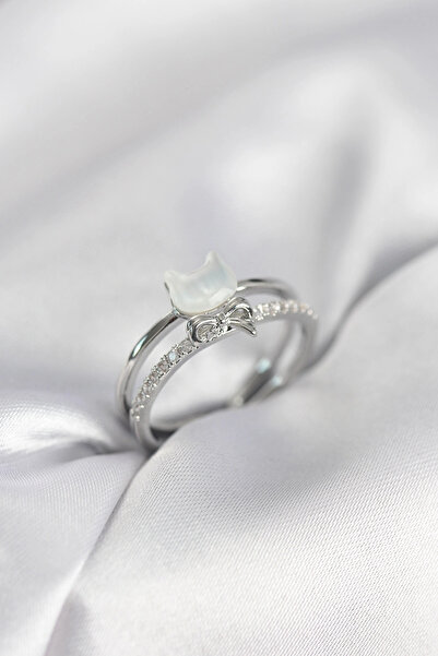 shopwave Silver Color Pearlescent Cat Model Bowknot Zircon Stone Women's Ring