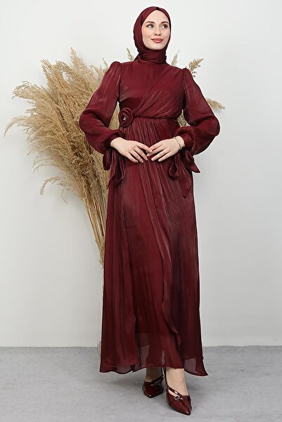 GİYZAMİLA Beli Rose Detail Evening Dress Burgundy