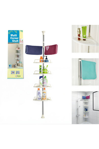 Issa 260cm Bathroom Corner Shelf with Metal Bar and 4 Plastic Shelves, Adjust...