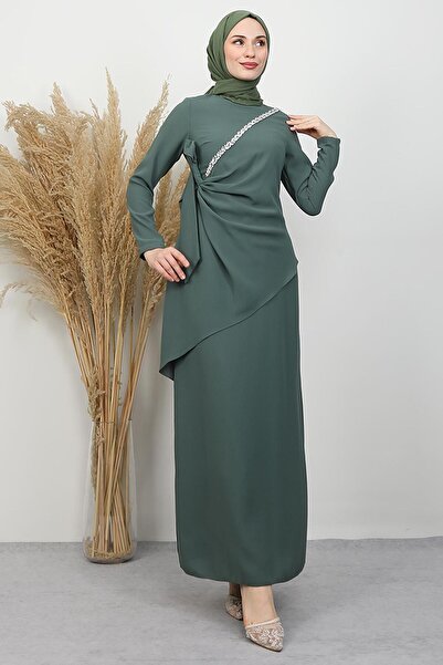 GİYZAMİLA Belin Crepe Evening Dress Khaki
