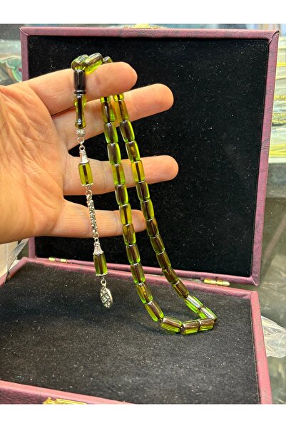 tesbihciniz Cask Cut Green Fire Amber Prayer Beads in Wooden Box