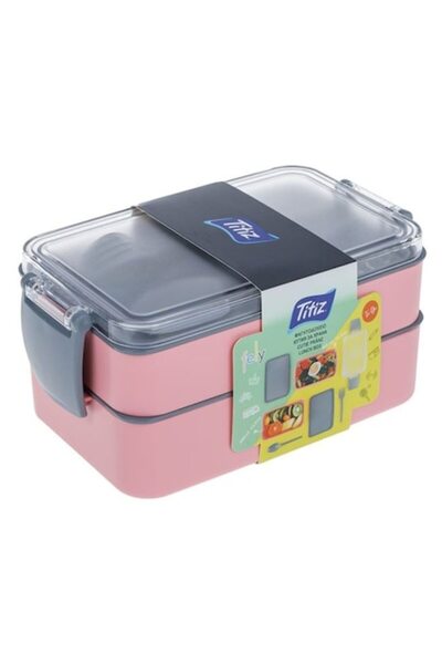 OEM Double Lunch Box Pink-Grey with Integrated Cutlery