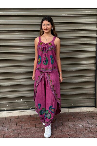 Miss Boheme Pink Color Embroidered Pants and Blouse Set