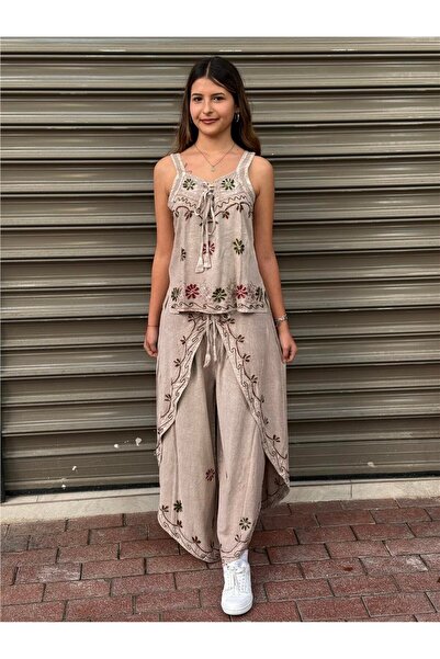 Miss Boheme Beige Color Embroidered Pants and Blouse Set