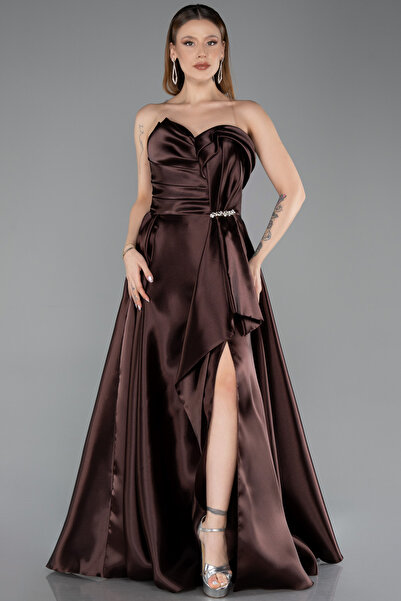 Abiyefon Kahve Straplez Yırtmaçlı Uzun Saten Büyük Beden Abiye ABU5650