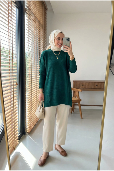 Kirazca Butik Women's Leaf Patterned Mercerized Tunic with Cufflinks