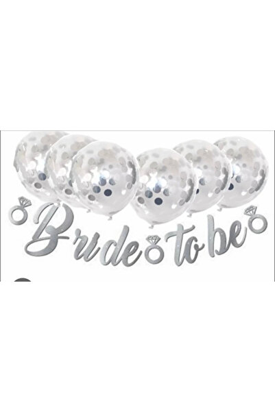 MFM Bride to be kaligrafi banner yazı ve 10 adet şeffaf balon konfeti pullu gri