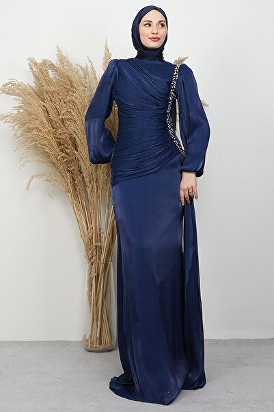 GİYZAMİLA Zer Stone Yoryo Evening Dress Navy Blue