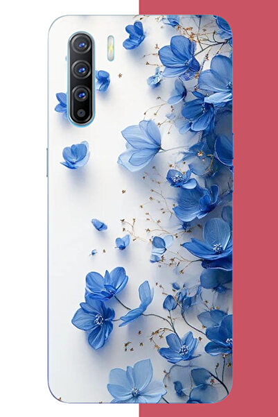 Aksesuarist Oppo Reno 3-A91 Uyumlu mavi çiçek2 UV Baskılı Silikon Kılıf