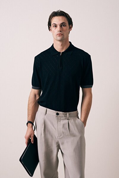 İLKCET MODA Baklava Patterned Black Zippered Men's Knitwear T-Shirt