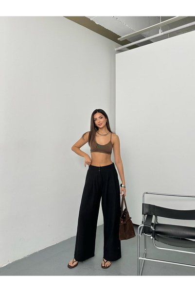 QUASAR Fashion New Season Linen Fabric Wide-Leg Pants with Elastic Waist and Double Buttons