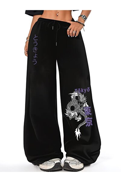 macklin Unisex Tokyo Dragon Printed Baggy Cut Wide Leg Sweatpants