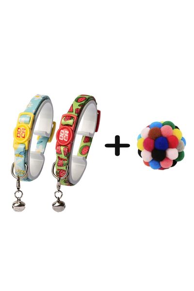 premium safety click ikili kedi boyun tasması ve sesli ponpon top kedi oyuncağı