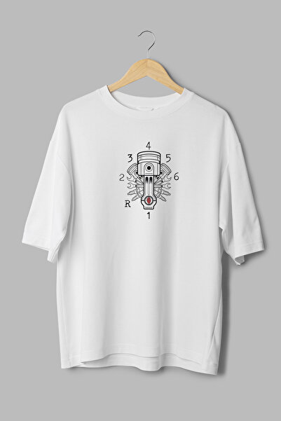 Overoz Car Piston Printed Semi-Oversize White Tshirt 1173