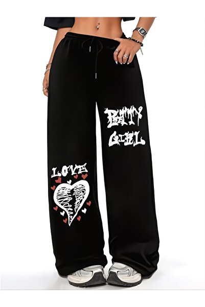 darkopia Unisex Love Girl Printed Baggy Cut Wide Leg Sweatpants
