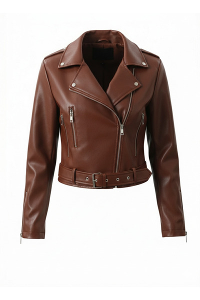 MEECY Women's Leather Jacket with Zipper and Belt Detail
