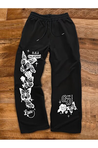 macklin Unisex California Butterfly Printed Baggy Cut Wide Leg Sweatpants